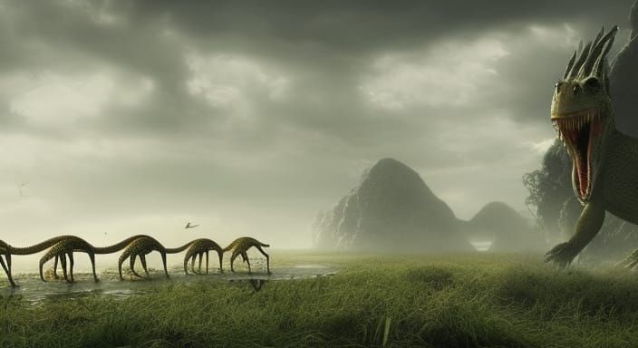 Seven-Headed Lizard Monster in Marsh: Digital Matte Painting