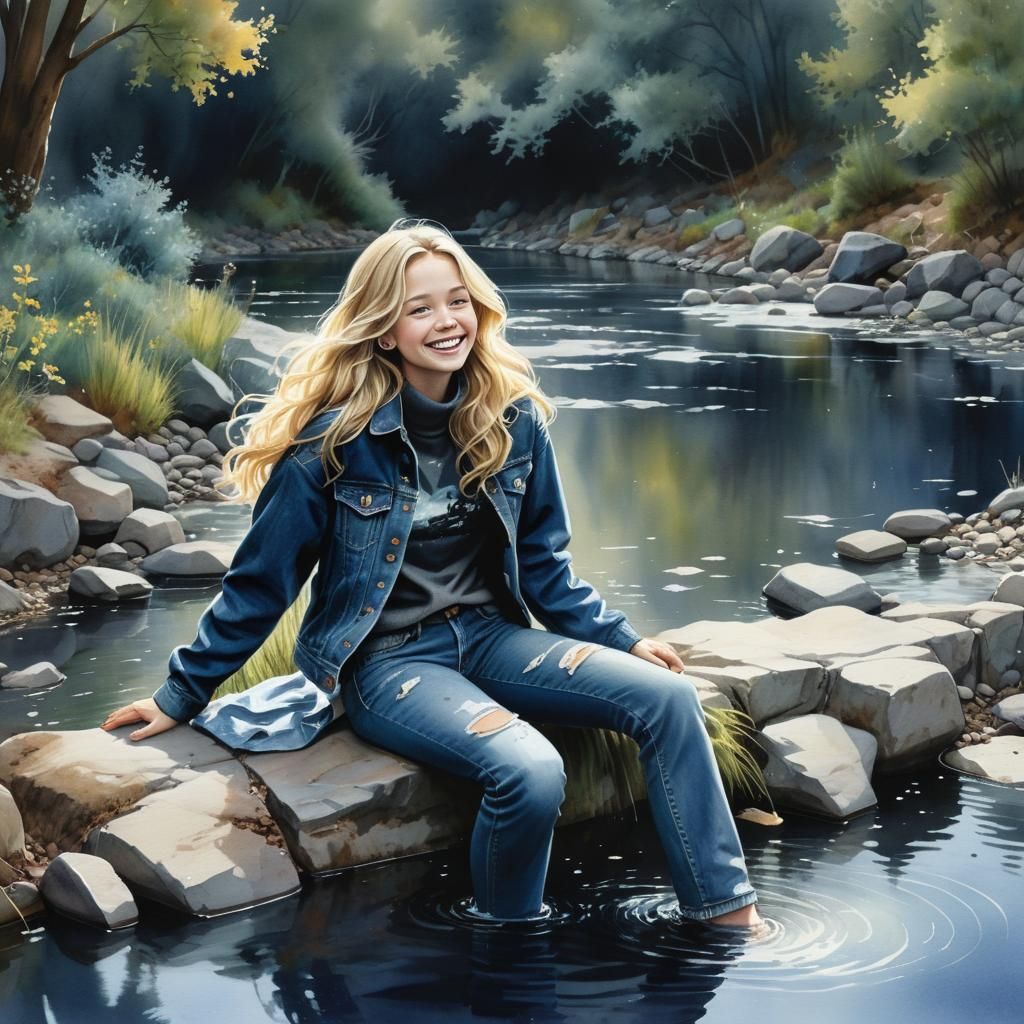 Blonde in Denim Submerged in Creek: Watercolor 3D Art