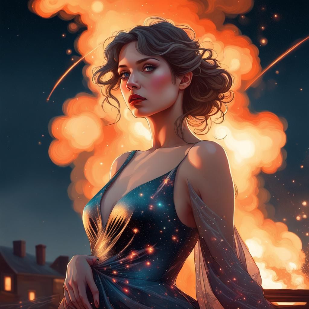 Sensual Woman Under Meteor Shower, Detailed Digital Art