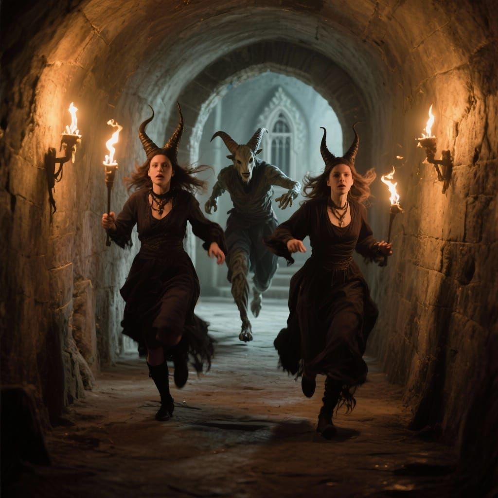 Witches Escape Catacombs Pursued by Goat-Headed Figure