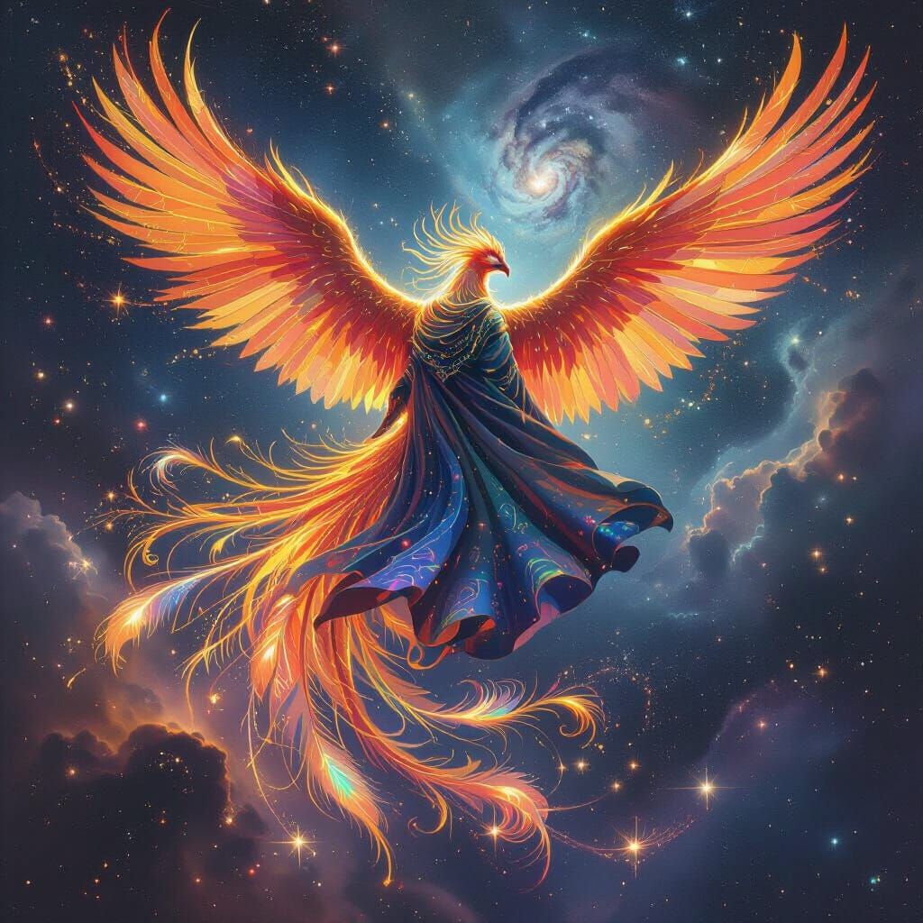 Cosmic Phoenix Soaring Through Galaxy, Bioluminescent Feathe...