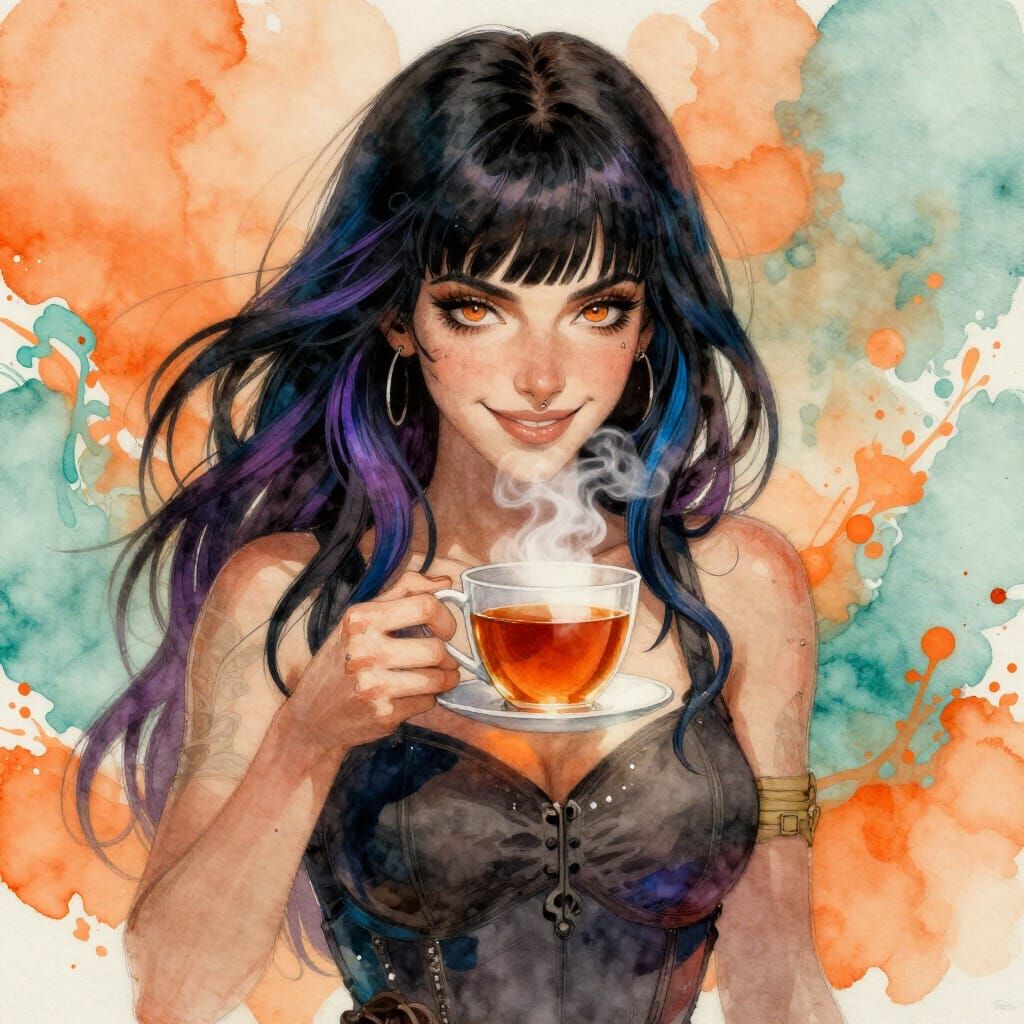 Watercolor Portrait of Woman with Copper Eyes Holding Tea