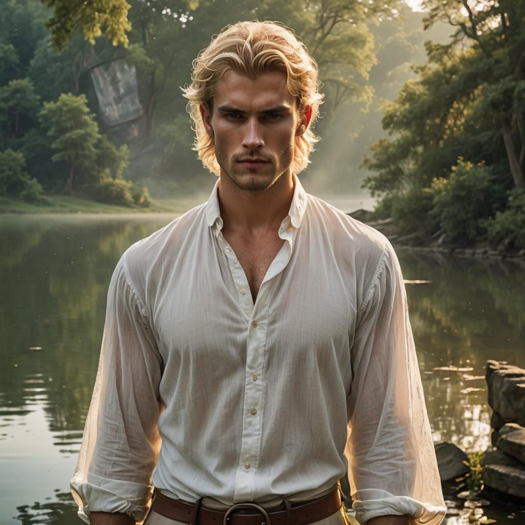 Regency Man with Scythe on Misty Lake