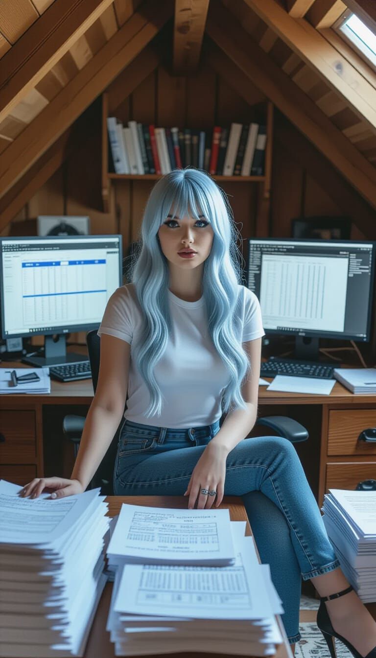 Gothic Emo Woman Working in Attic Study