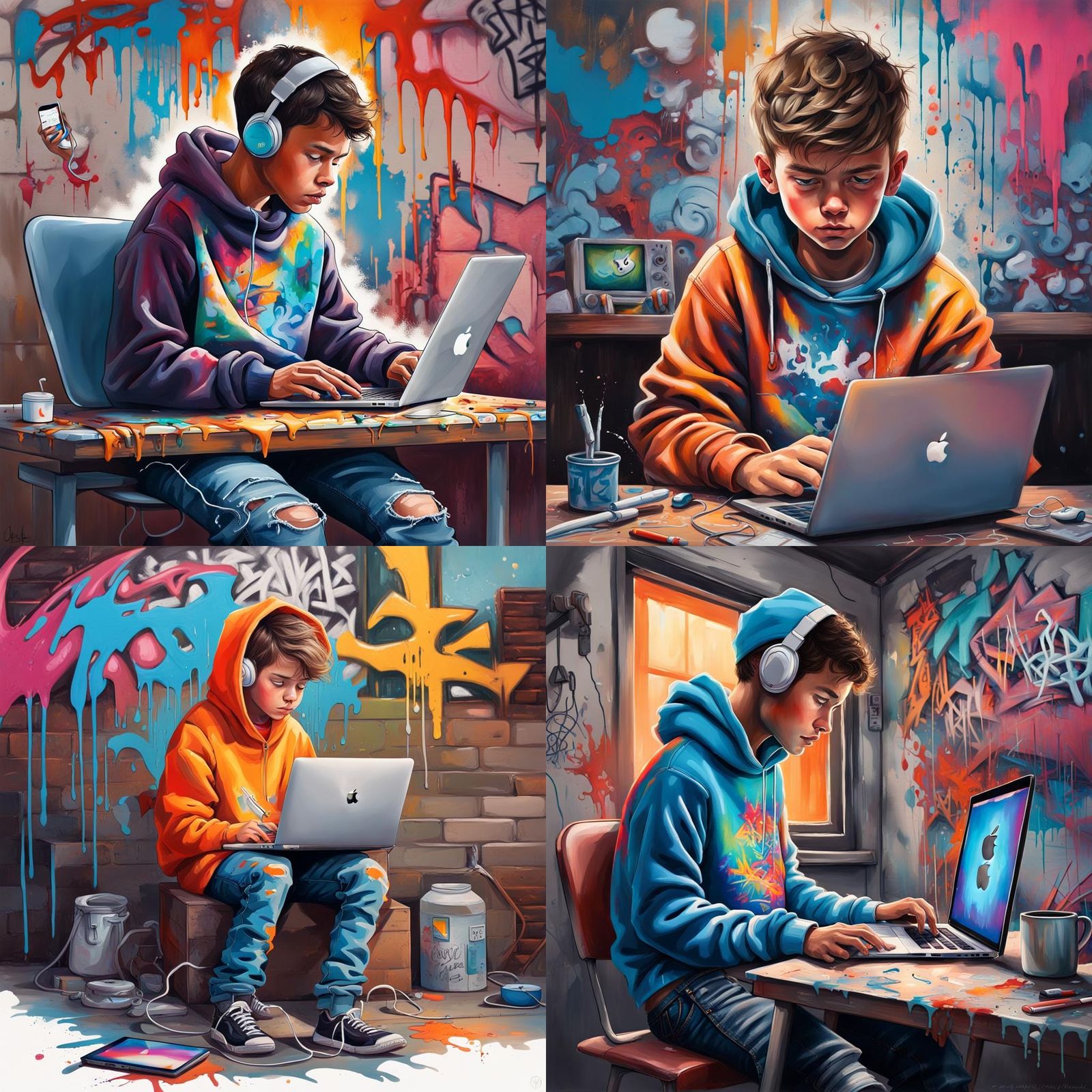 Boy Working on Laptop in Graffiti Art Style