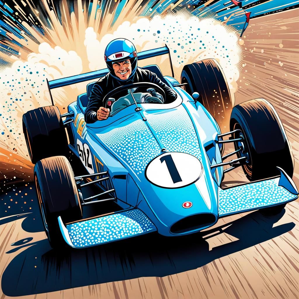 Race Car Exploding from Comic Book in Pointillism