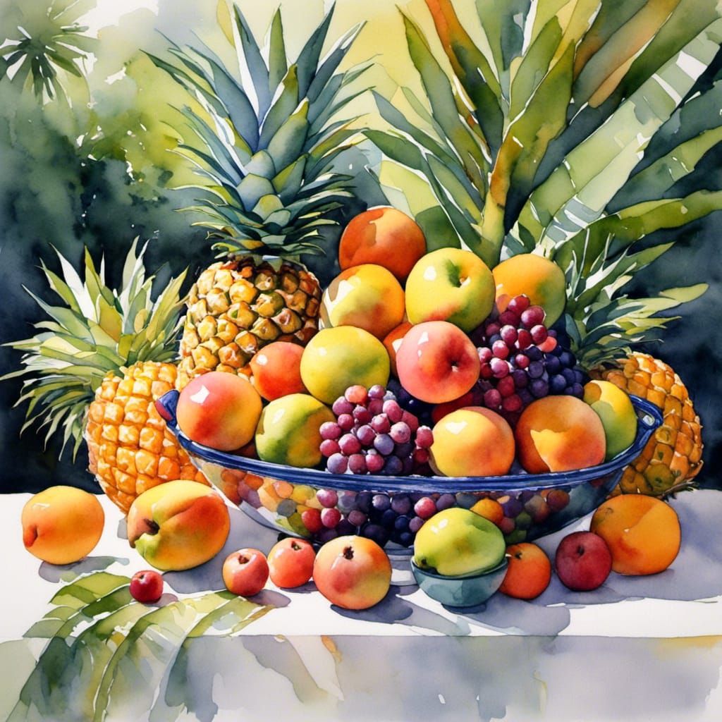 Vibrant Tropical Fruit Bowl in Watercolor Style