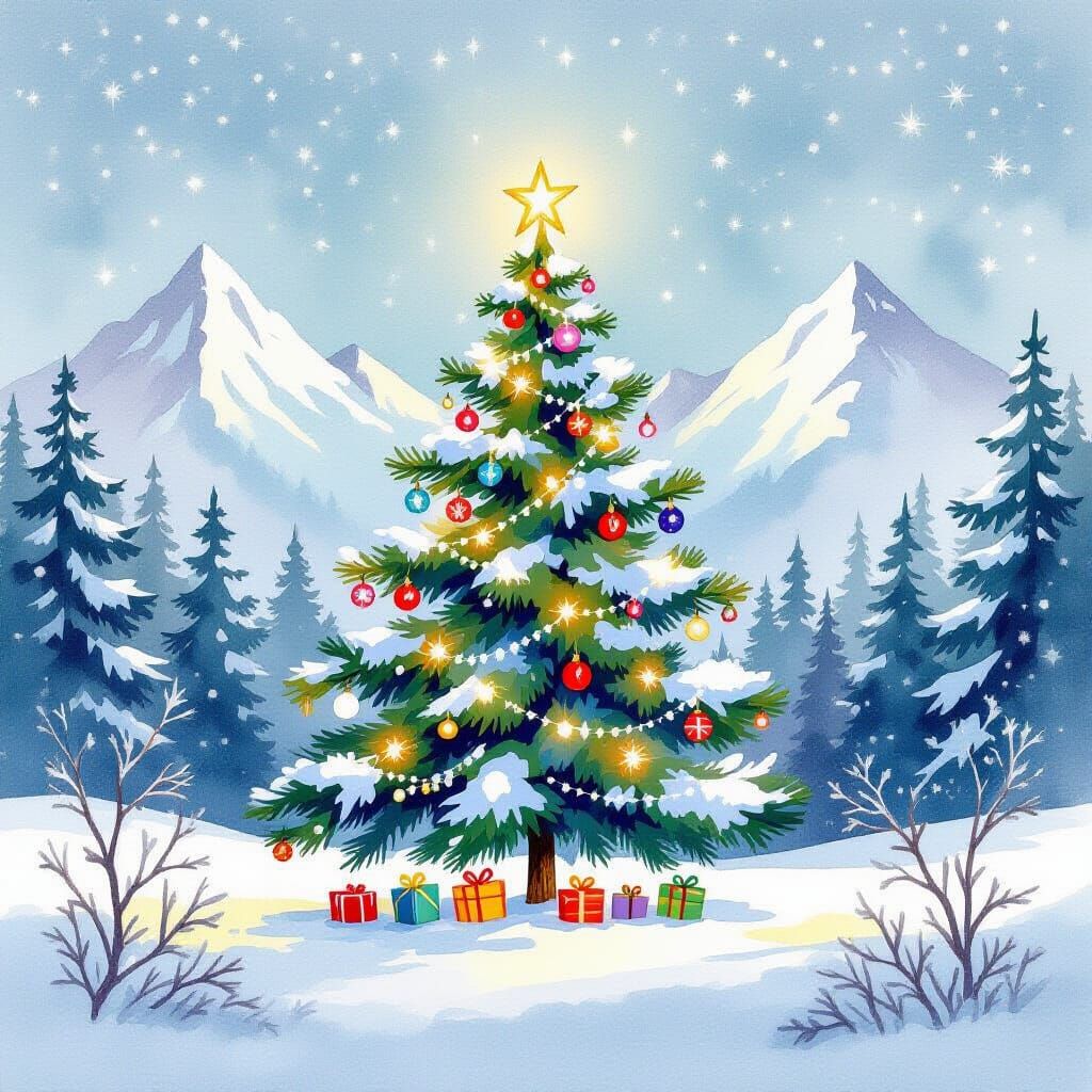 Whimsical Watercolor Christmas Tree in Enchanted Forest