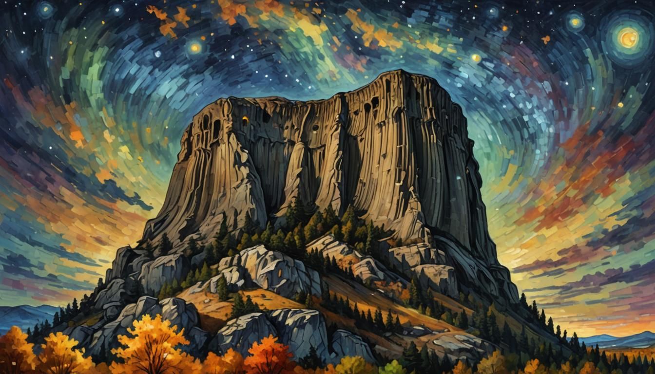 Devil's Tower at Night in Art Nouveau Style