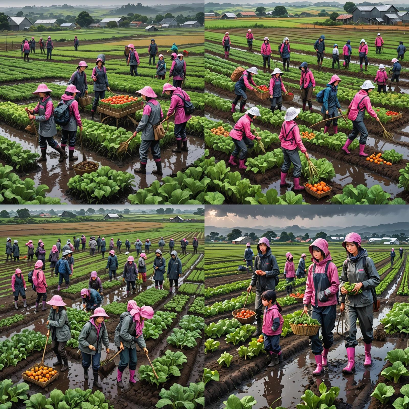 Manga Girls Harvesting Vegetables on Flooded Farm