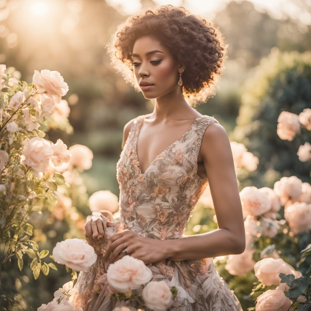 Woman in Floral Dress in Romantic Garden