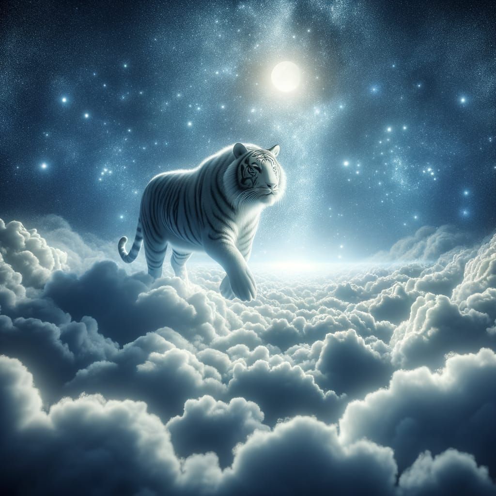 Majestic Tiger Soars Above Clouds in Ethereal Night Skies