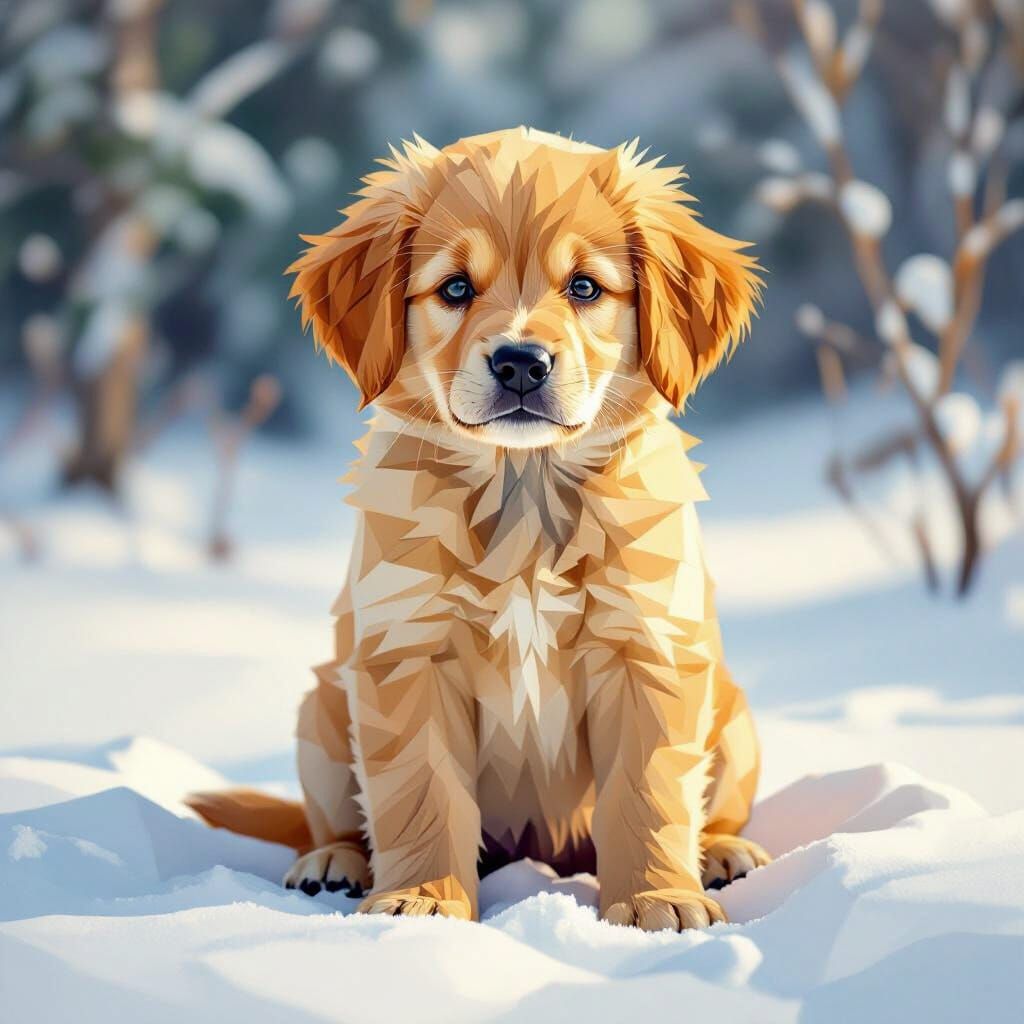 Neo-Cubist Golden Retriever Puppy in Snowy Landscape