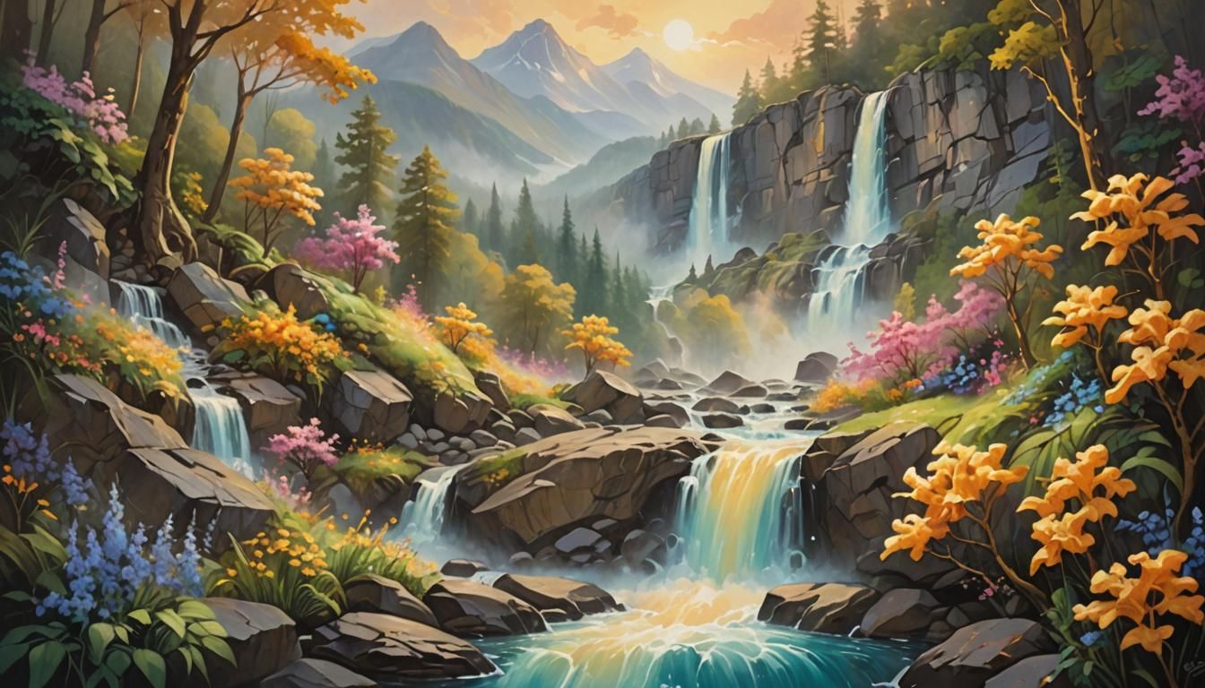 Radiant Waterfall in Whimsical Fantasy Landscape
