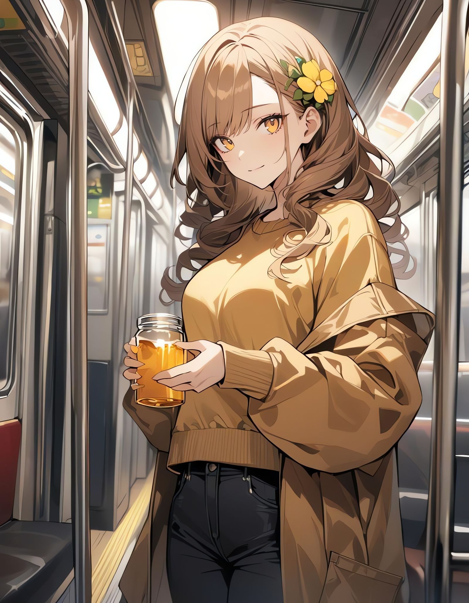 Girl with Honey Jar on Subway Train