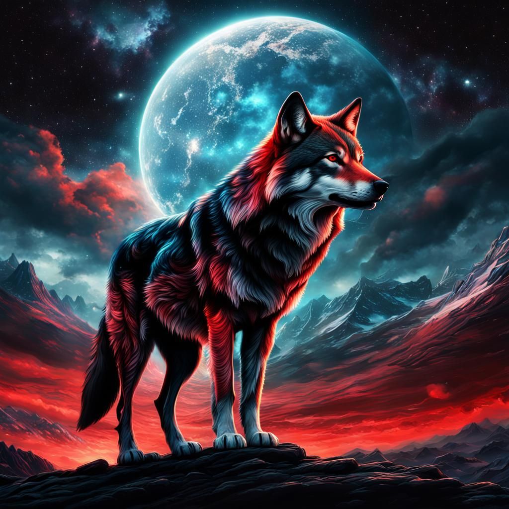 Black and Red Wolf Under Galaxy Sky