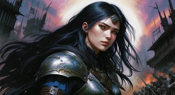 Medieval Woman Warrior on Battlefield, Digital Illustration