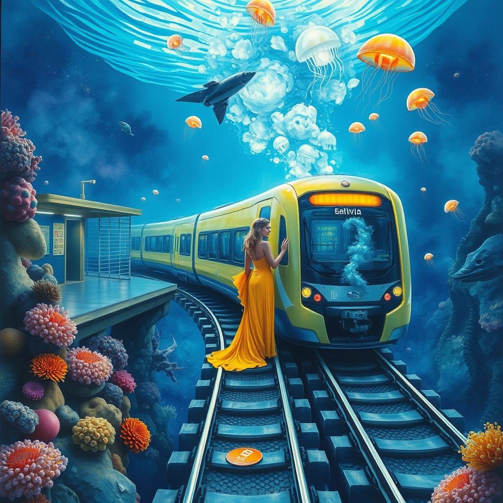 Underwater Train Station with Woman in Yellow Dress