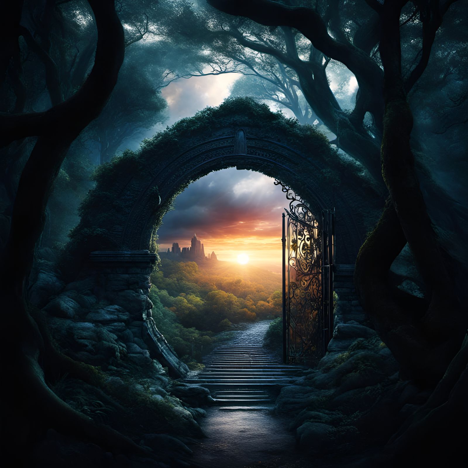 Heavenly Portal in Creepy Forest, Matte Painting