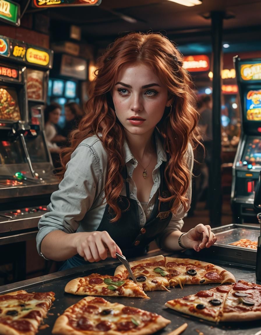 Teen Redhead at 80s Pizzeria Arcade Game