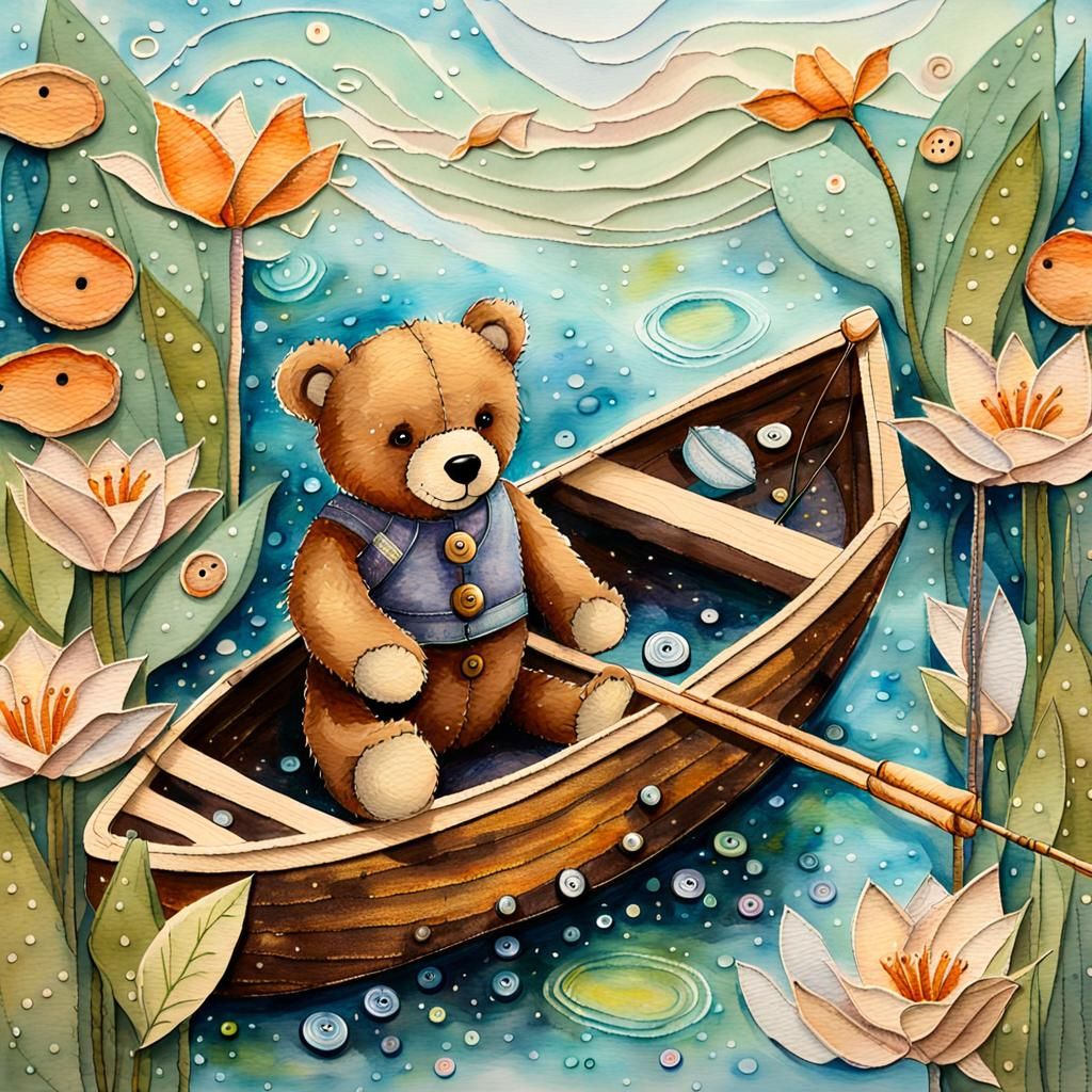 Teddy Bear Fishing: Whimsical Mixed Media Art