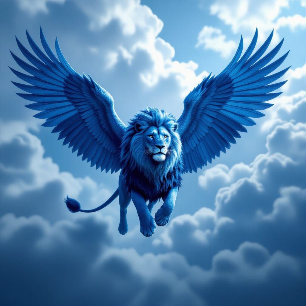 Majestic Blue Lion With Enormous Wings Soaring