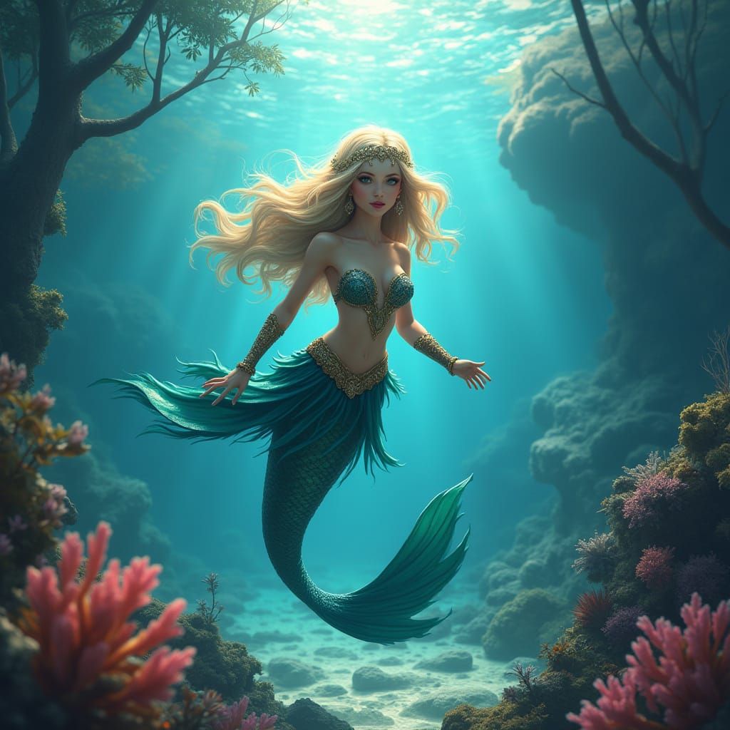 Glamorous Mermaid in Underwater Grotto: 3D Airbrush Art