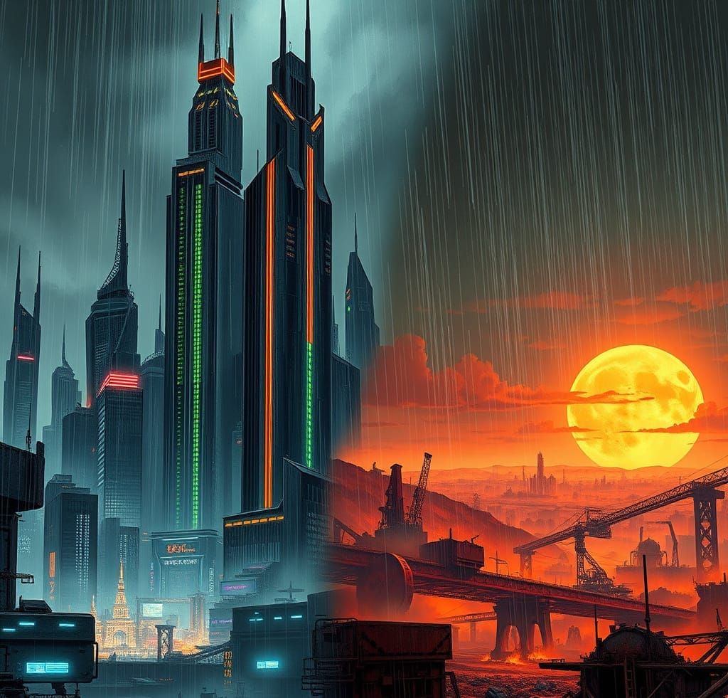 Cyberpunk Cityscape Meets Wasteland in Dystopian Contrast