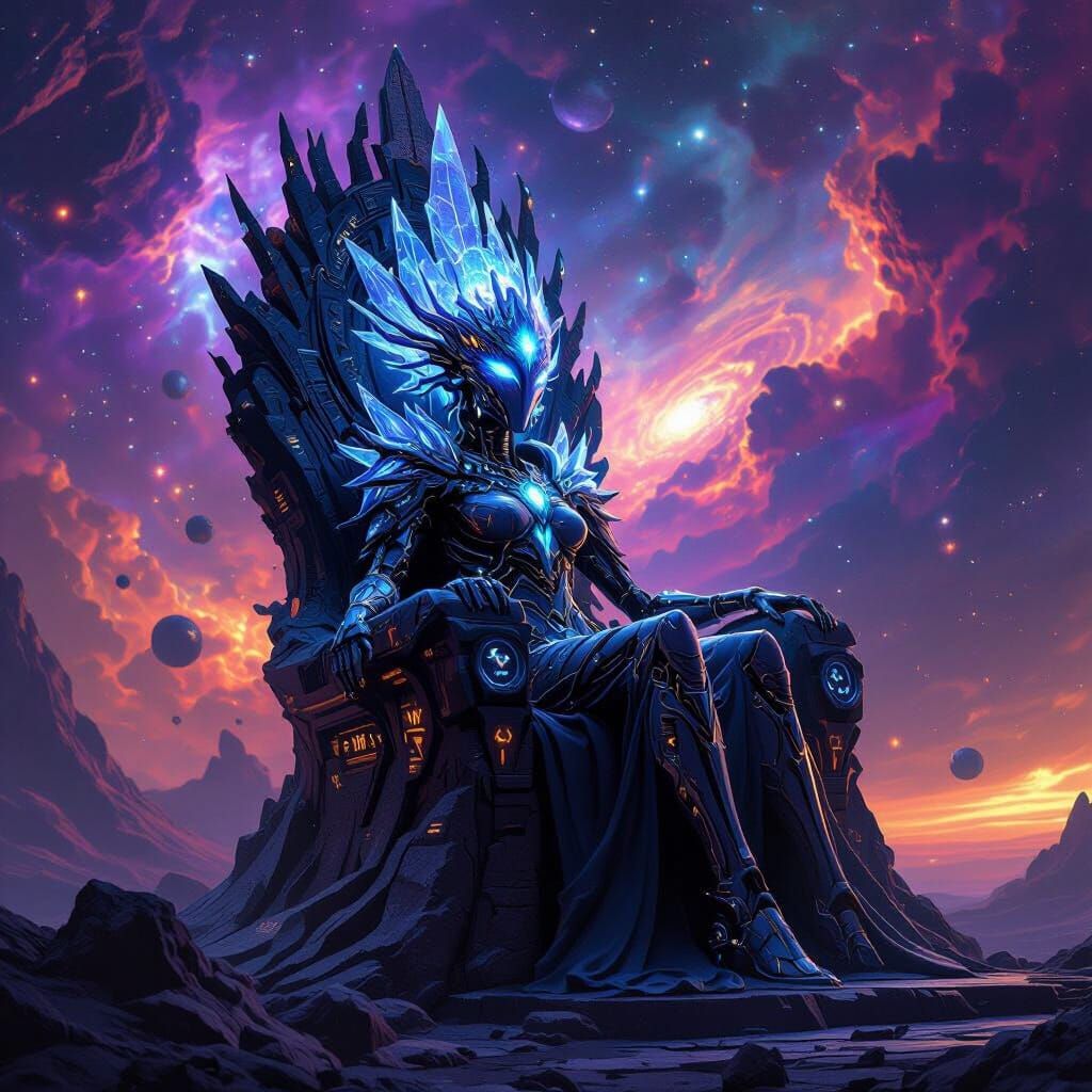 Alien Queen on Cosmic Throne Surveying Nebula