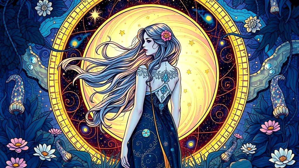 Art Nouveau Woman Before Cosmic Portal in Garden