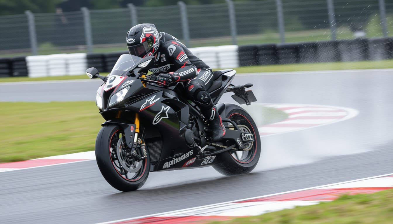Motorcycle Racer Leans Into Wet Turn