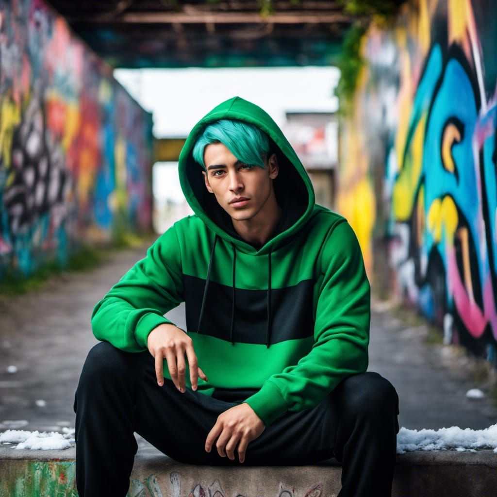 Handsome Green-Haired Man Poses in Anime Style