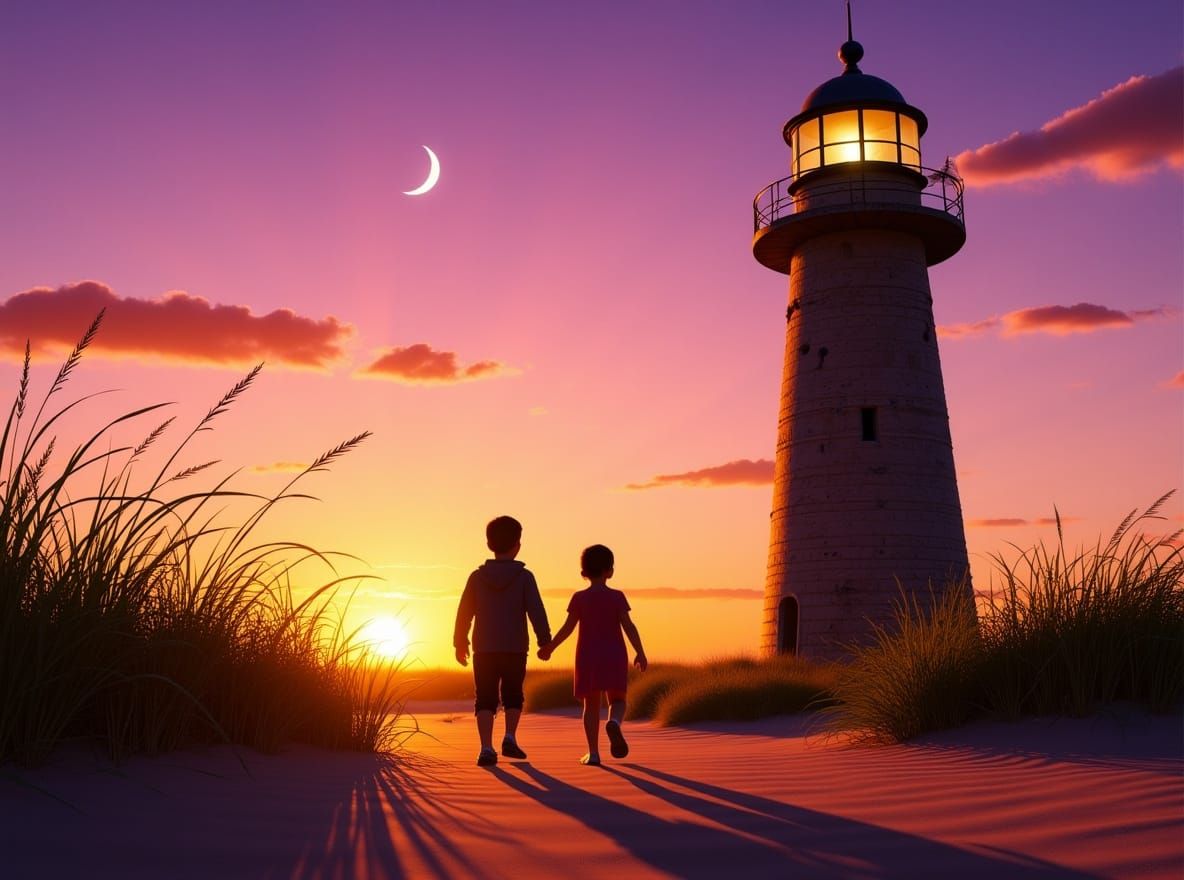 Children Walk on Beach at Sunset with Lighthouse