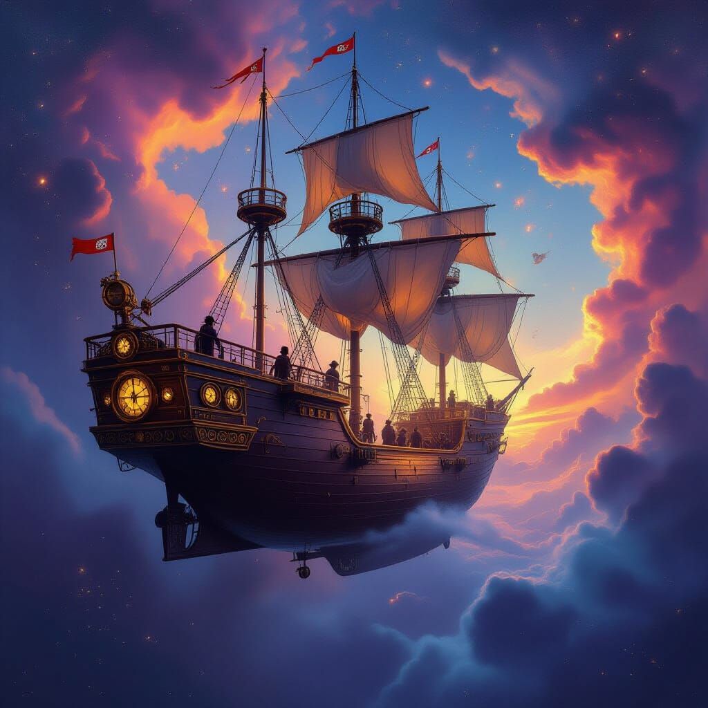 Steampunk Airship Navigates Vibrant Cosmic Nebula