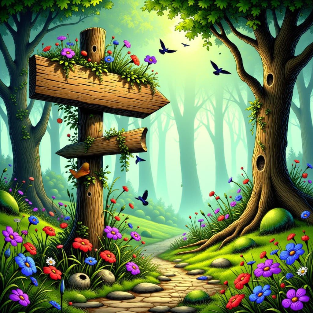 Whimsical Signpost in Dreamlike Forest Illustration