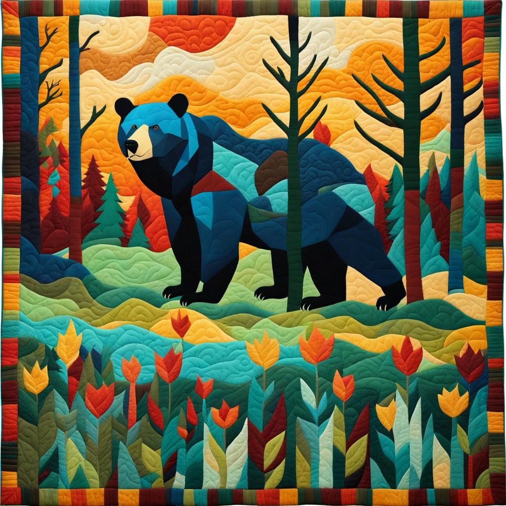 Quilt Art: Mama Bear and Cubs in Forest