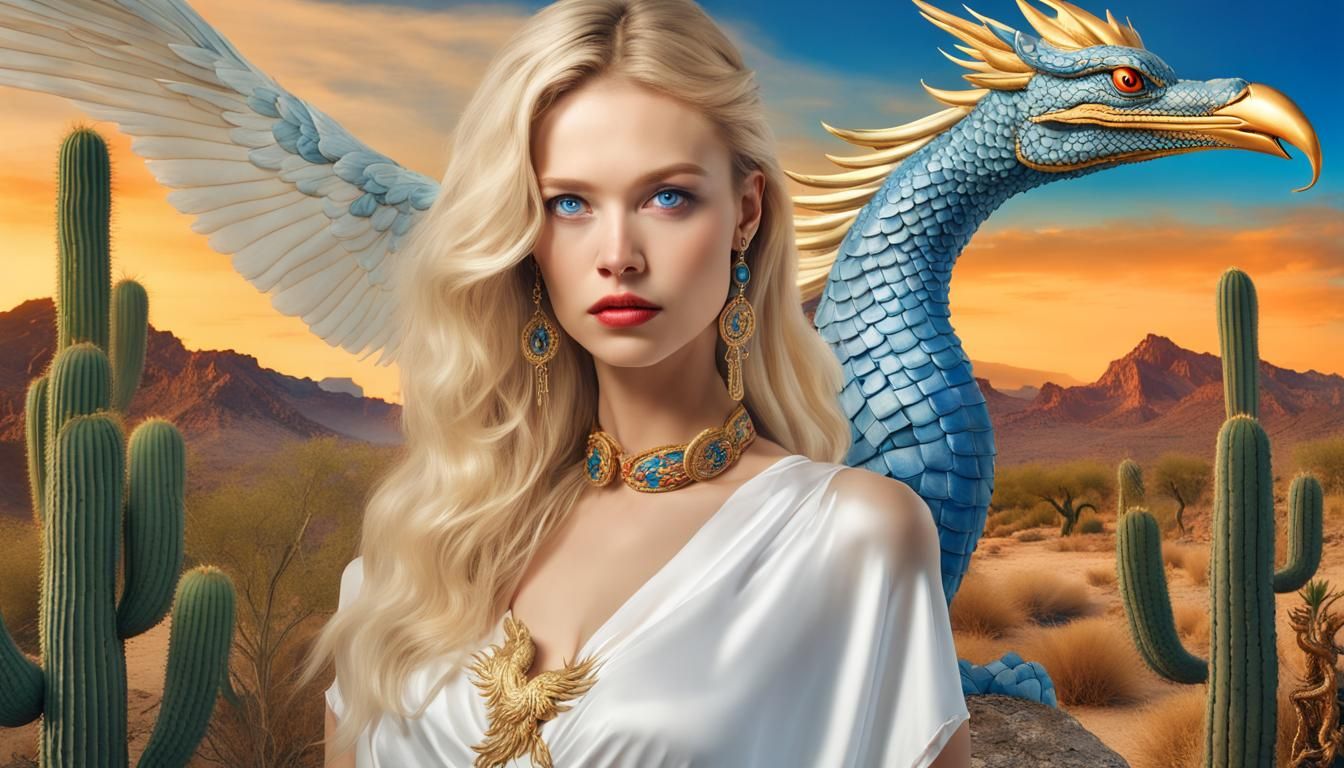 Beautiful blonde woman, phoenix bird