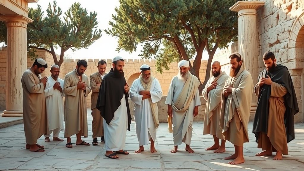 Depict a sacred scene of several Jewish men gathered in pray...