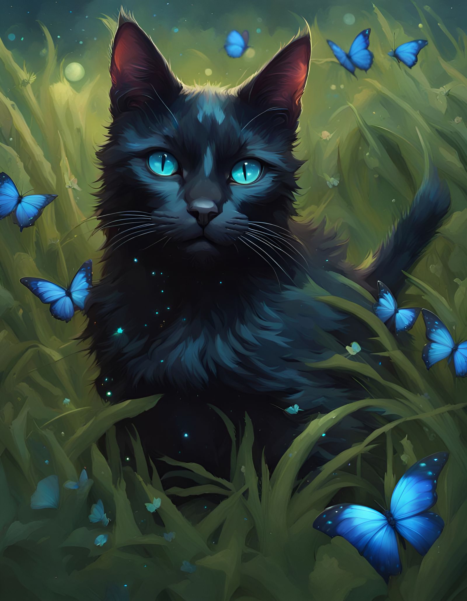 Black Kitten Portrait with Butterflies, Art Nouveau Style