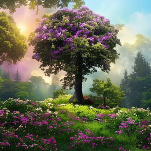 Lush Fantasy Forest with Colorful Flowers