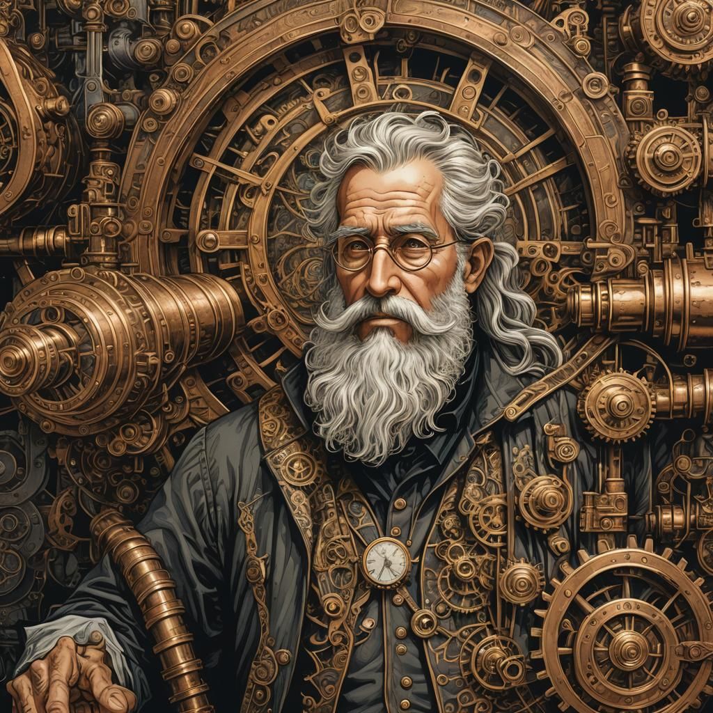 Father Time Inspects Steampunk Engine