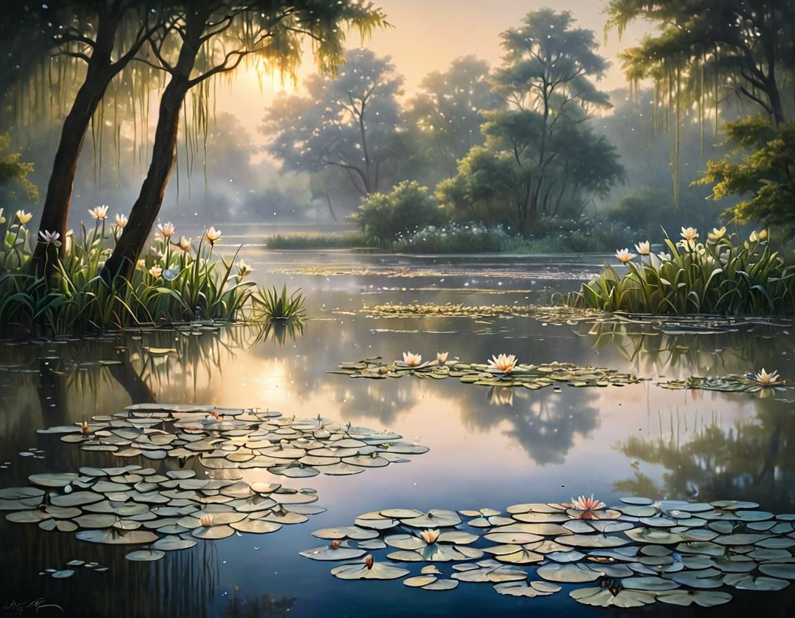 Tranquil Lily Pond: An Oil Painting with Shimmering Dew