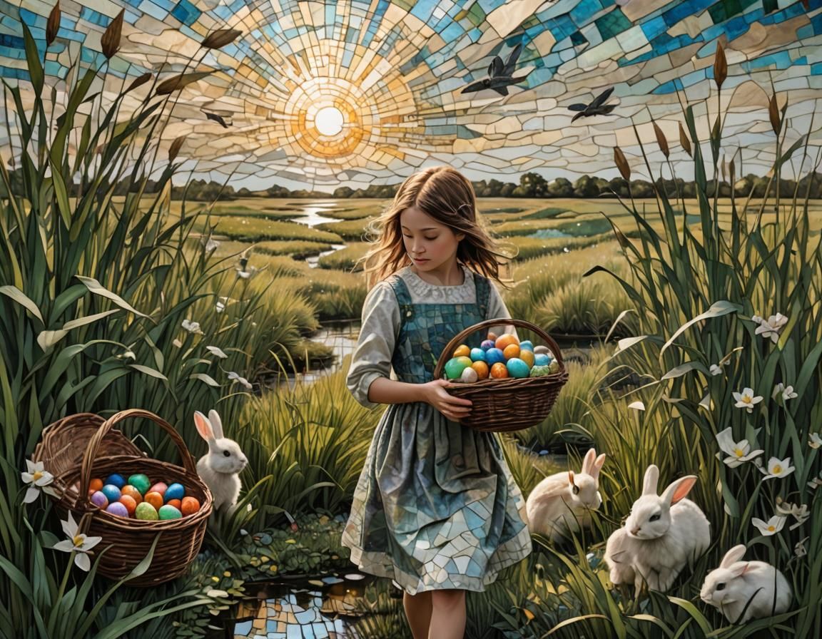 Girl with Bunnies in Sunlit Wetlands: Mixed Media