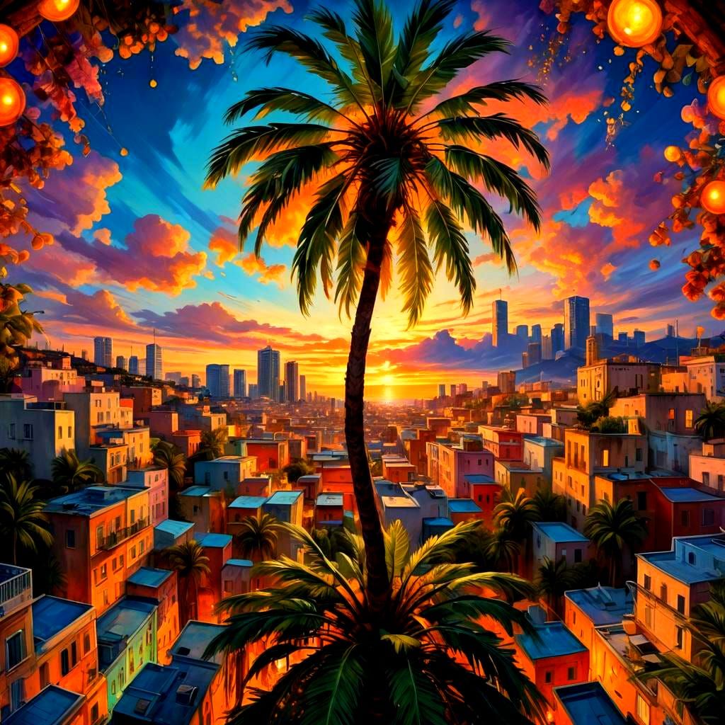 Palm Tree Floats Over Cityscape