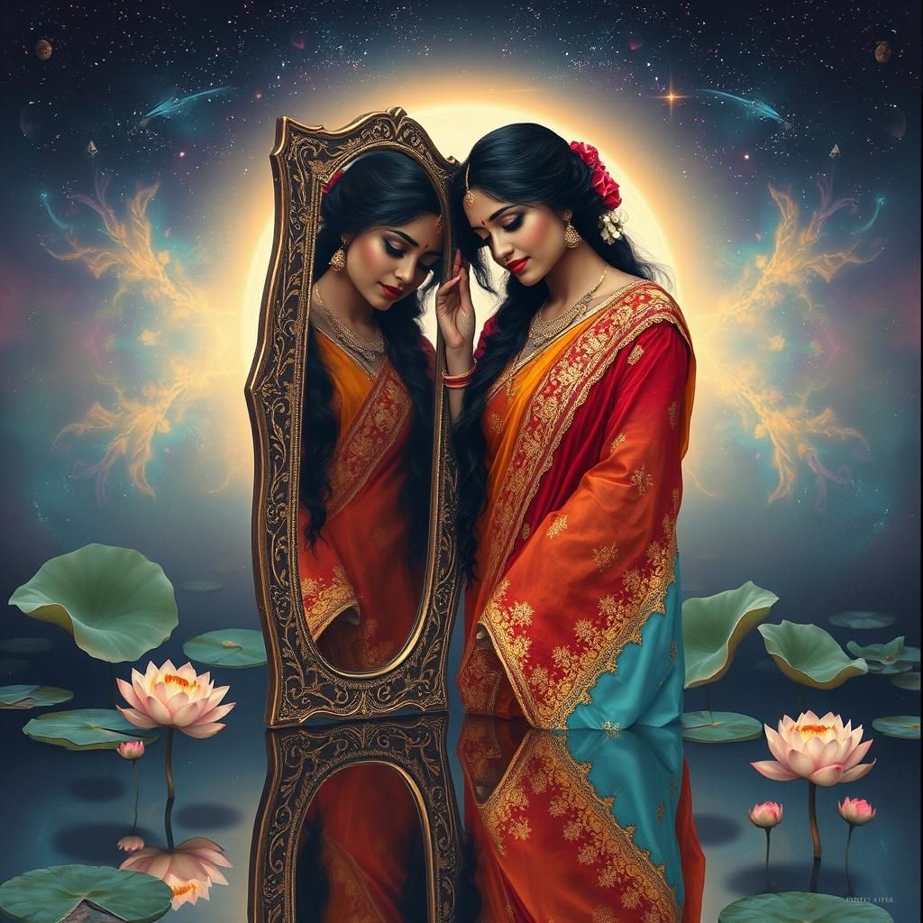 Ethereal devdasi looking at her reflection in a mirror