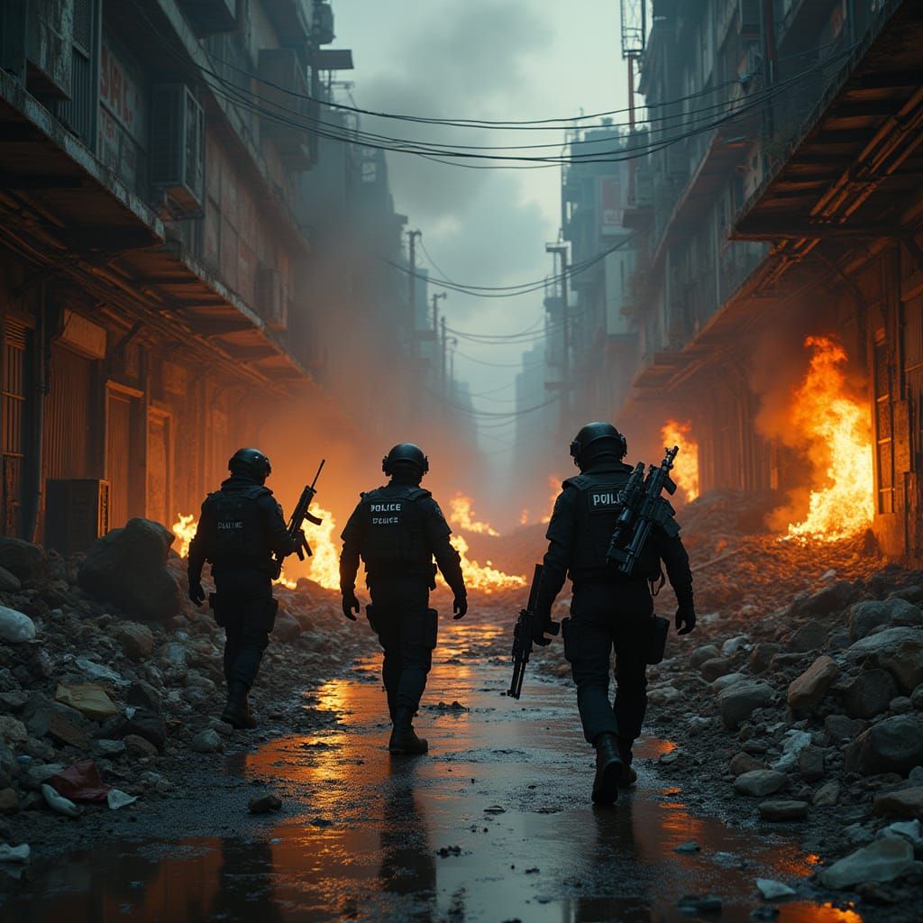 Gritty Dystopian Cityscape at Dusk in Cyberpunk Style