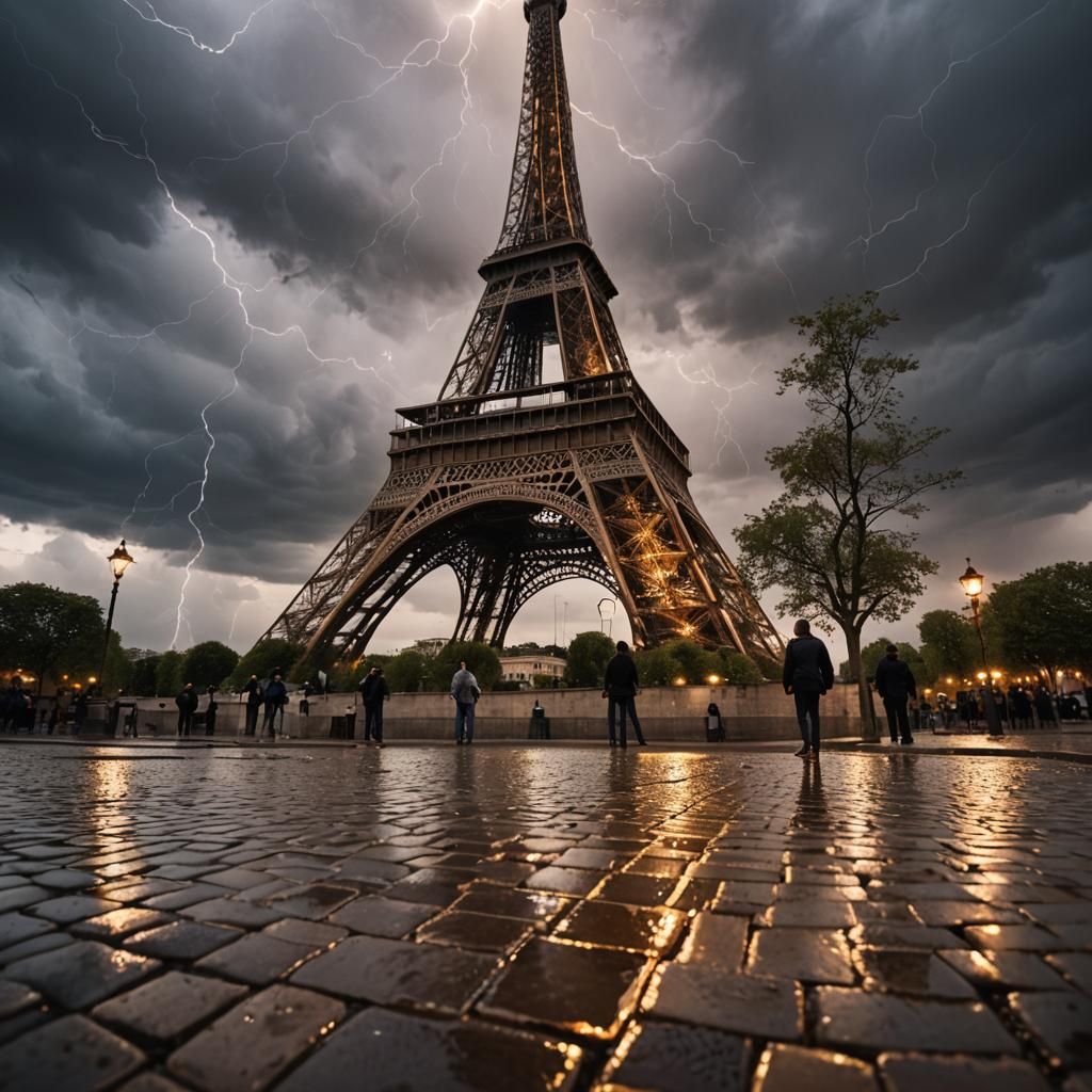 Eiffel Tower Lightning Strike: Dramatic Landscape Photograph...