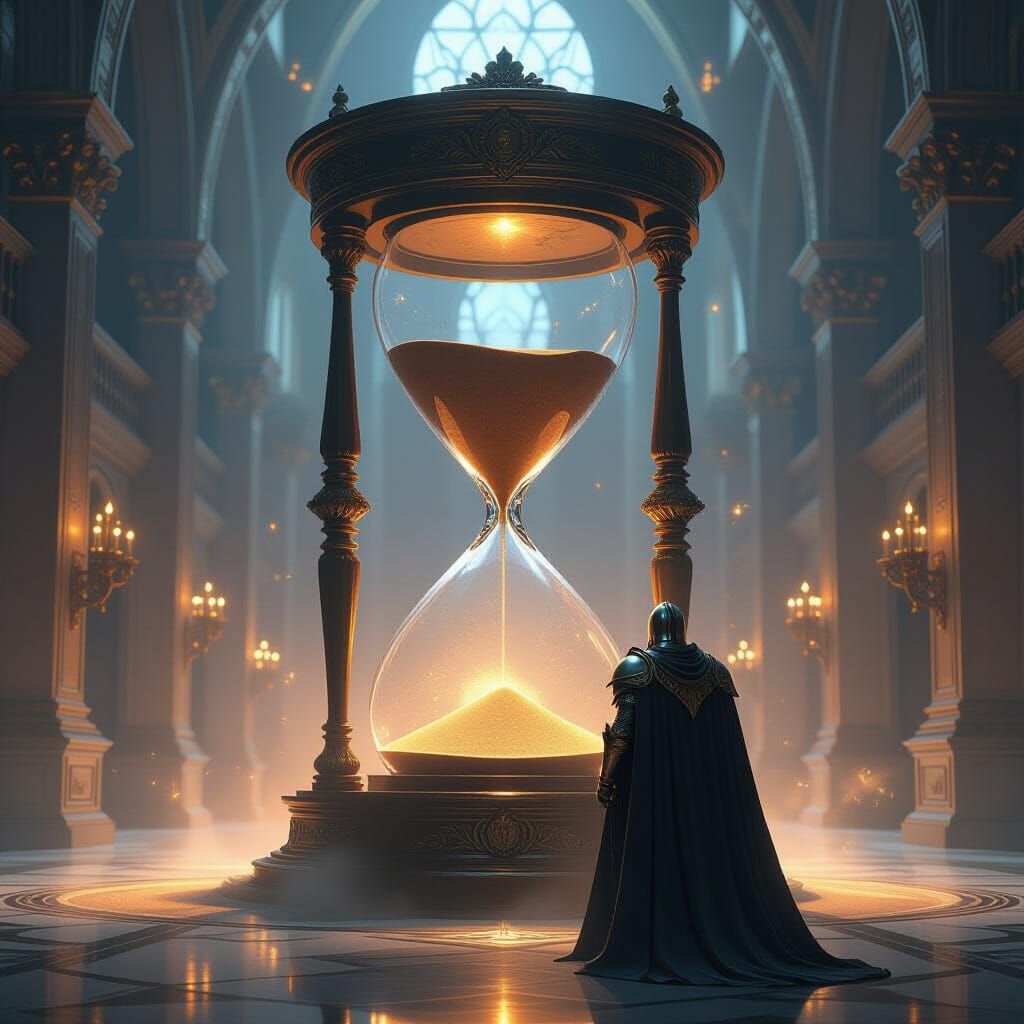 Knight Faces Colossal Hourglass in Epic Fantasy Art