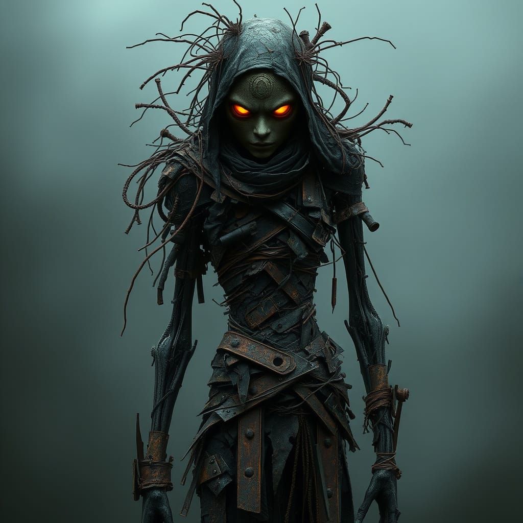 Twisted Industrial Figure in Rusting Metal and Embers