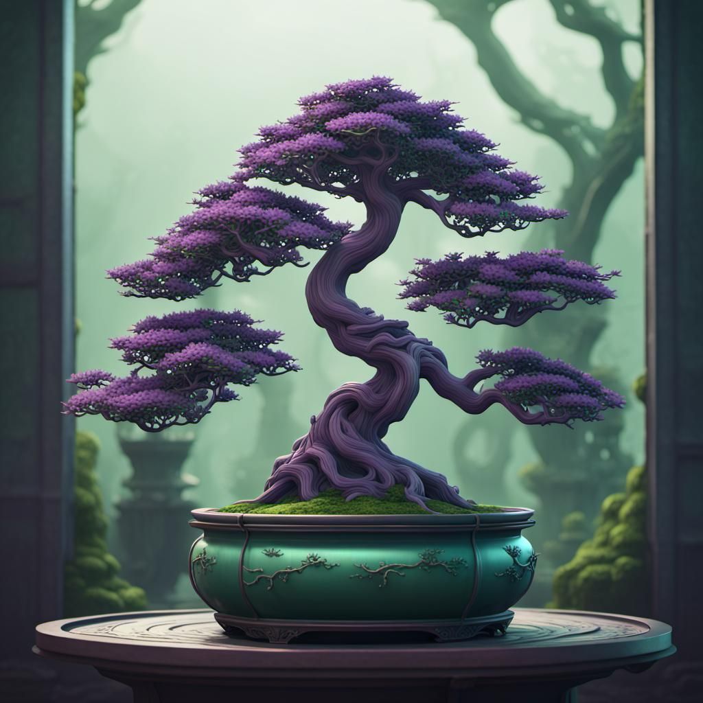 Q purple Bonsai tree in a Green vase